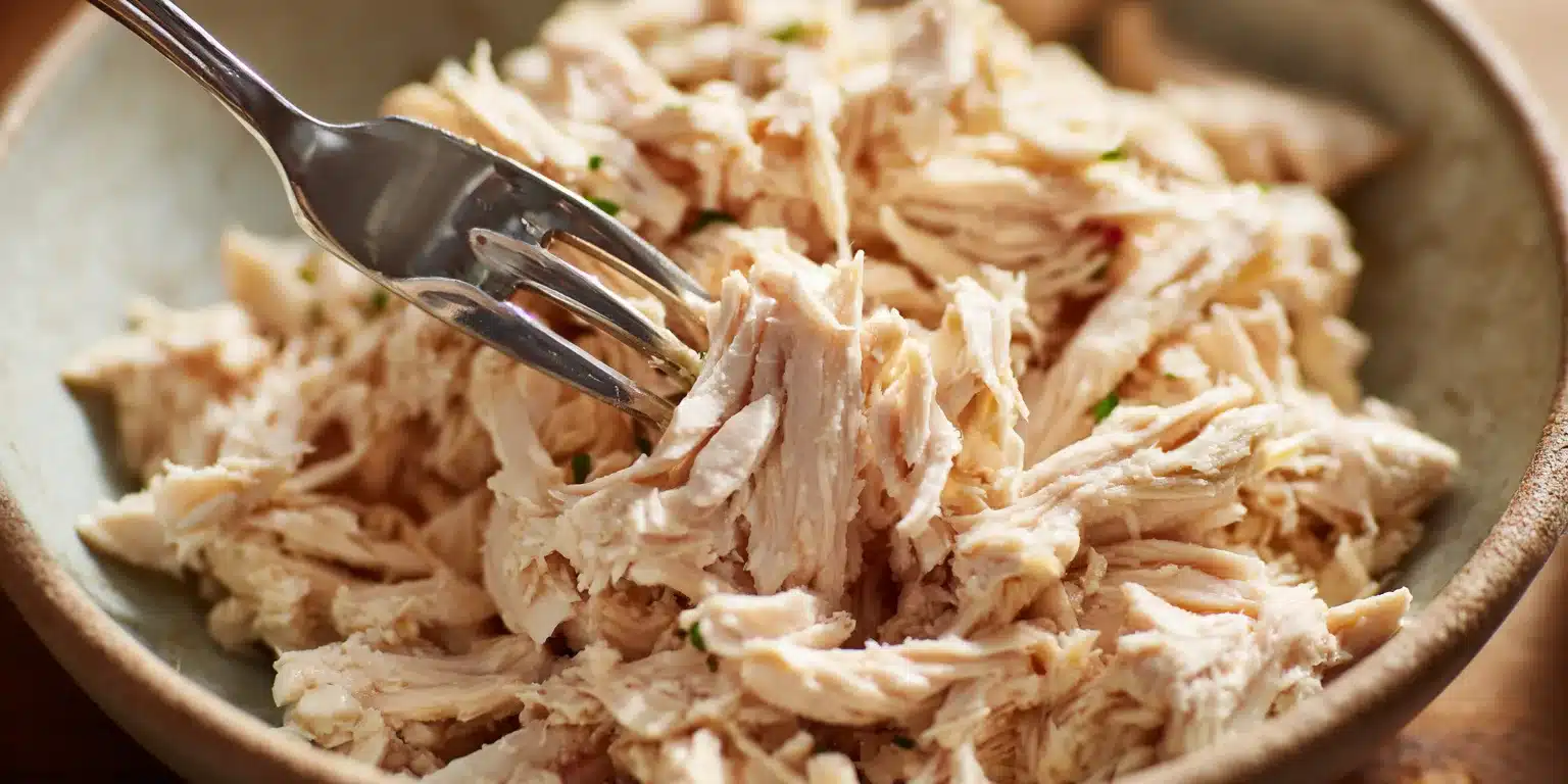 Fluffing canned chicken with fork Breaking up canned chicken for healthy wraps