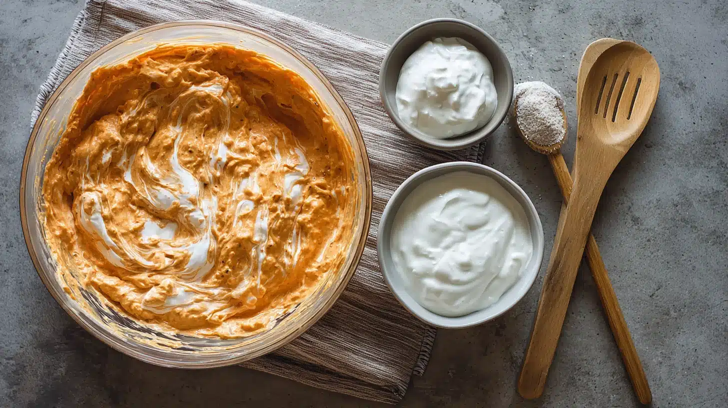 Mixing yogurt, cream cheese, and hot sauce Blending base for buffalo chicken dip healthy recipe