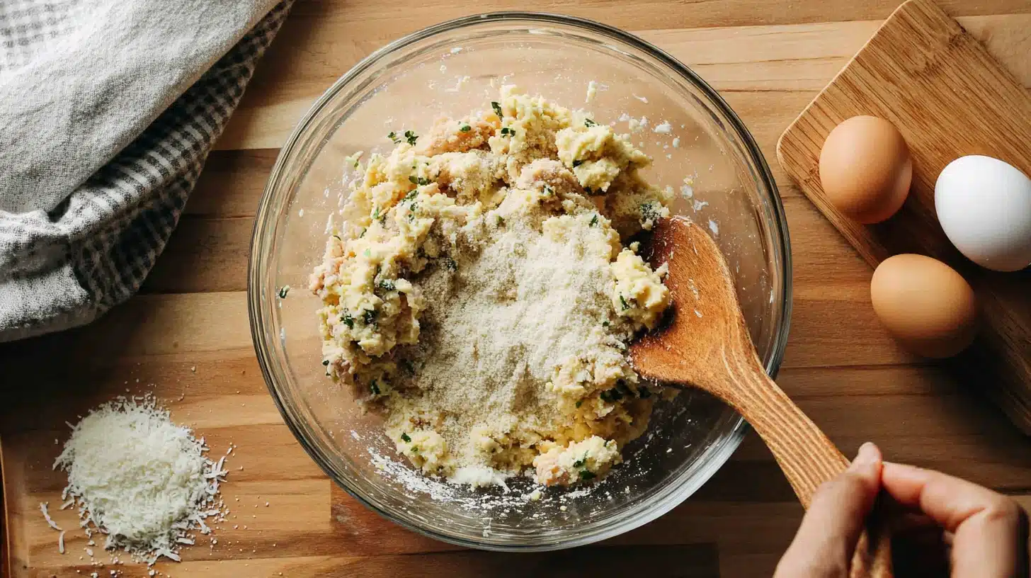 Mixing chicken, egg, and parmesan Combining ingredients for ground chicken pizza crust recipe