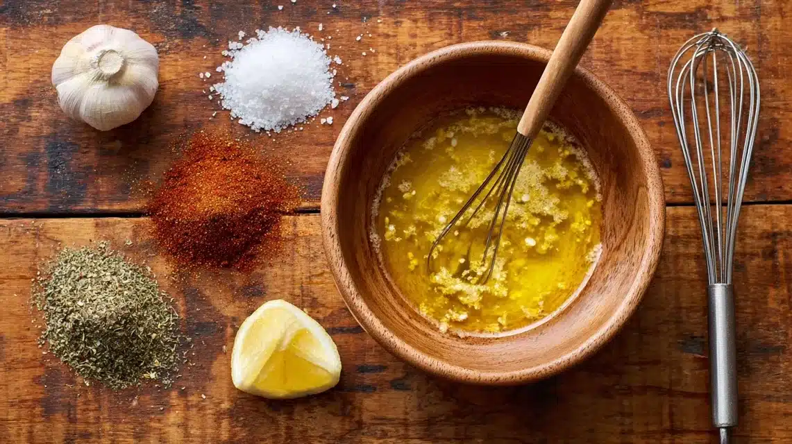 Mixing simple marinade ingredients Olive oil, garlic, and lemon marinade for grilled boneless chicken thighs