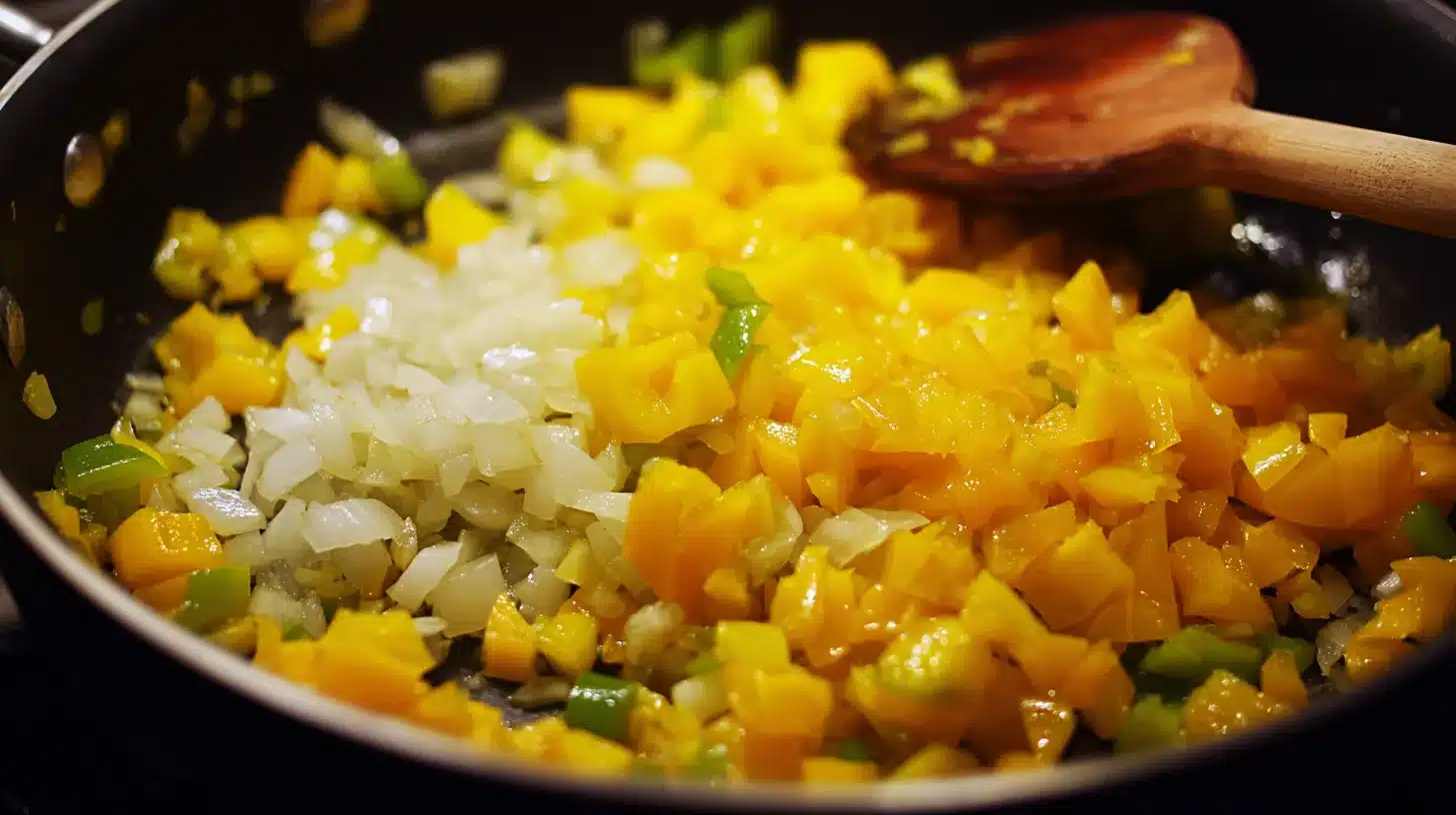 Cooking bell pepper and garlic Garlic and yellow pepper for Peruvian chicken stew