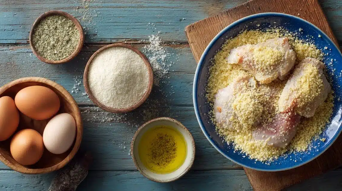 Seasoning and setting up breading station Seasoned chicken prepped for parmesan crusted chicken with creamy garlic sauce