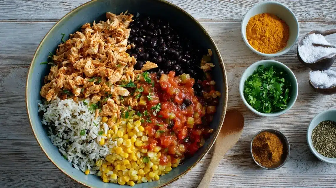 Mixing chicken, rice, and salsa Mixing ingredients for Mexican chicken and rice bake