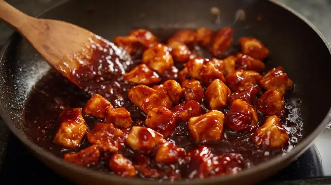 Mixing chicken with warm BBQ sauce Chicken coated in honey BBQ sauce