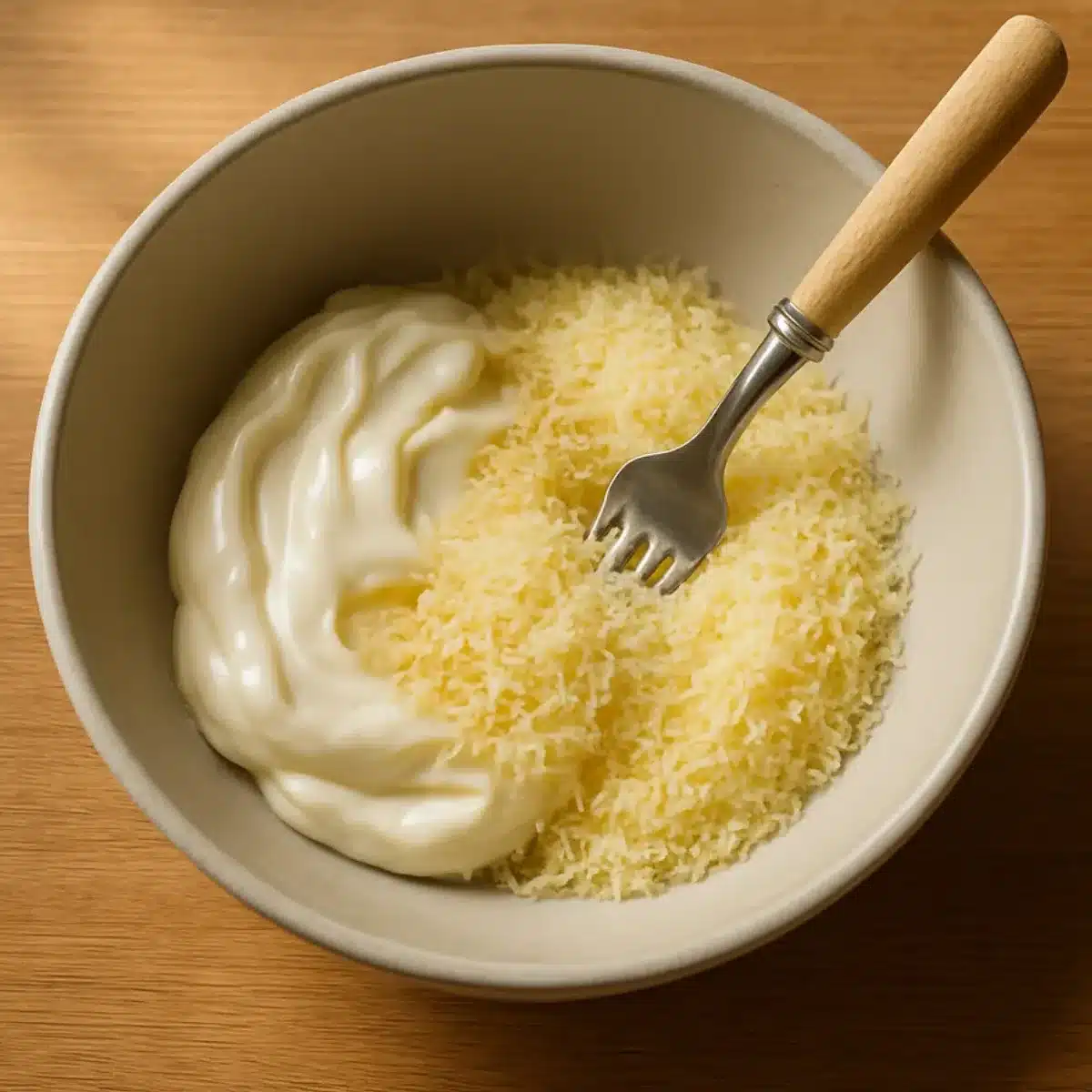 Mixing Hellmann’s mayo with Parmesan Blending mayonnaise and Parmesan for parmesan crusted chicken recipe Hellmann's