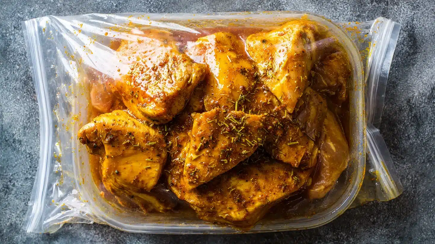2Chicken soaking in teriyaki marinade Chicken thighs marinating in teriyaki sauce