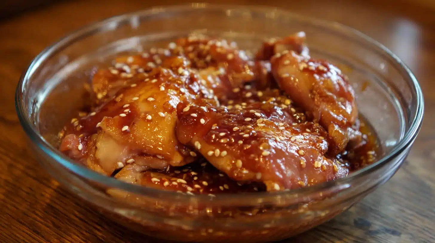 2Marinating chicken thighs Chicken thighs soaking in Panda Express Quick Grilled Teriyaki Chicken marinade