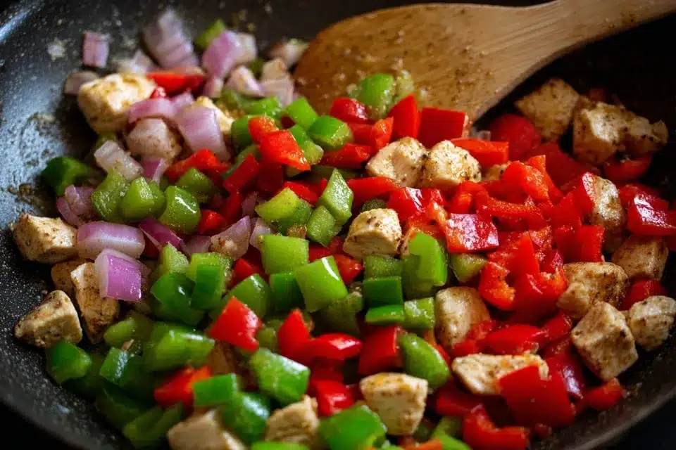 Cooking onions and peppers Onions and peppers soften for Cajun Chicken and Rice base