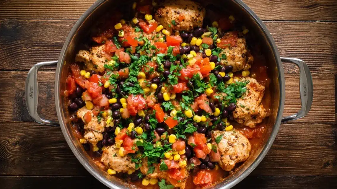 Adding beans, corn, and salsa Cowboy chicken recipe with black beans and corn