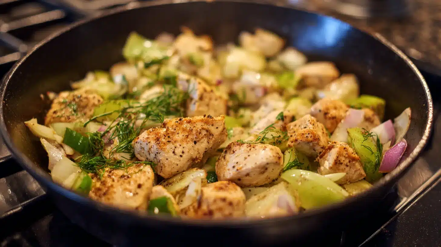 Sautéing garlic with chicken Garlic added to chicken for chicken alfredo orzo