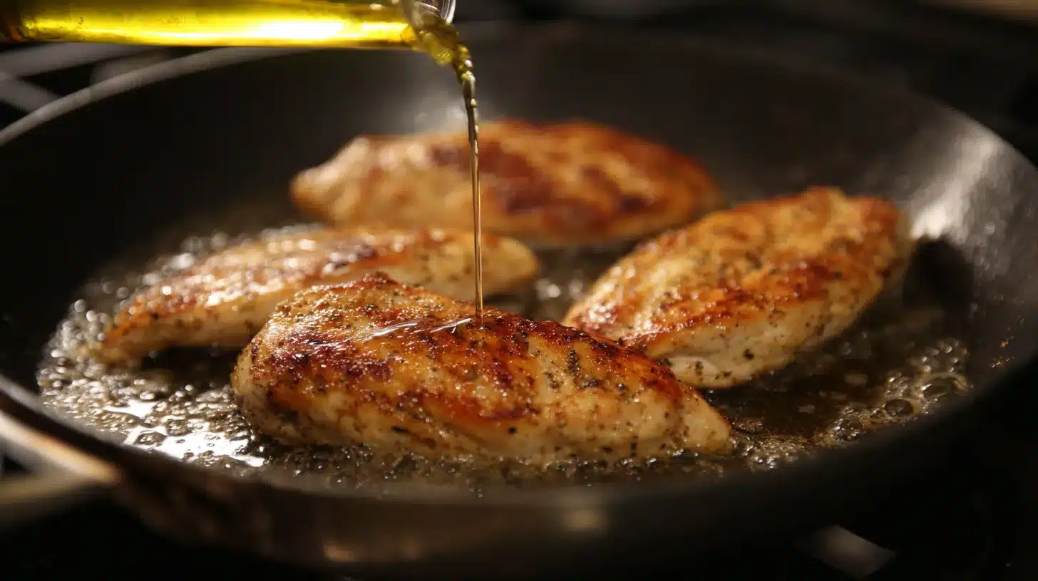 Searing chicken in a hot skillet Searing chicken for Hawaiian BBQ chicken recipe