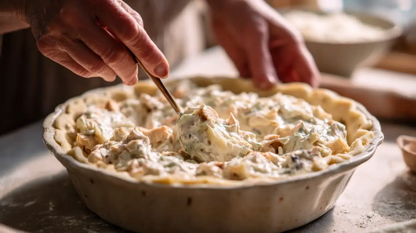 Adding filling to pie dish Chicken pot pie with cream of chicken soup filling being spooned into pie plate