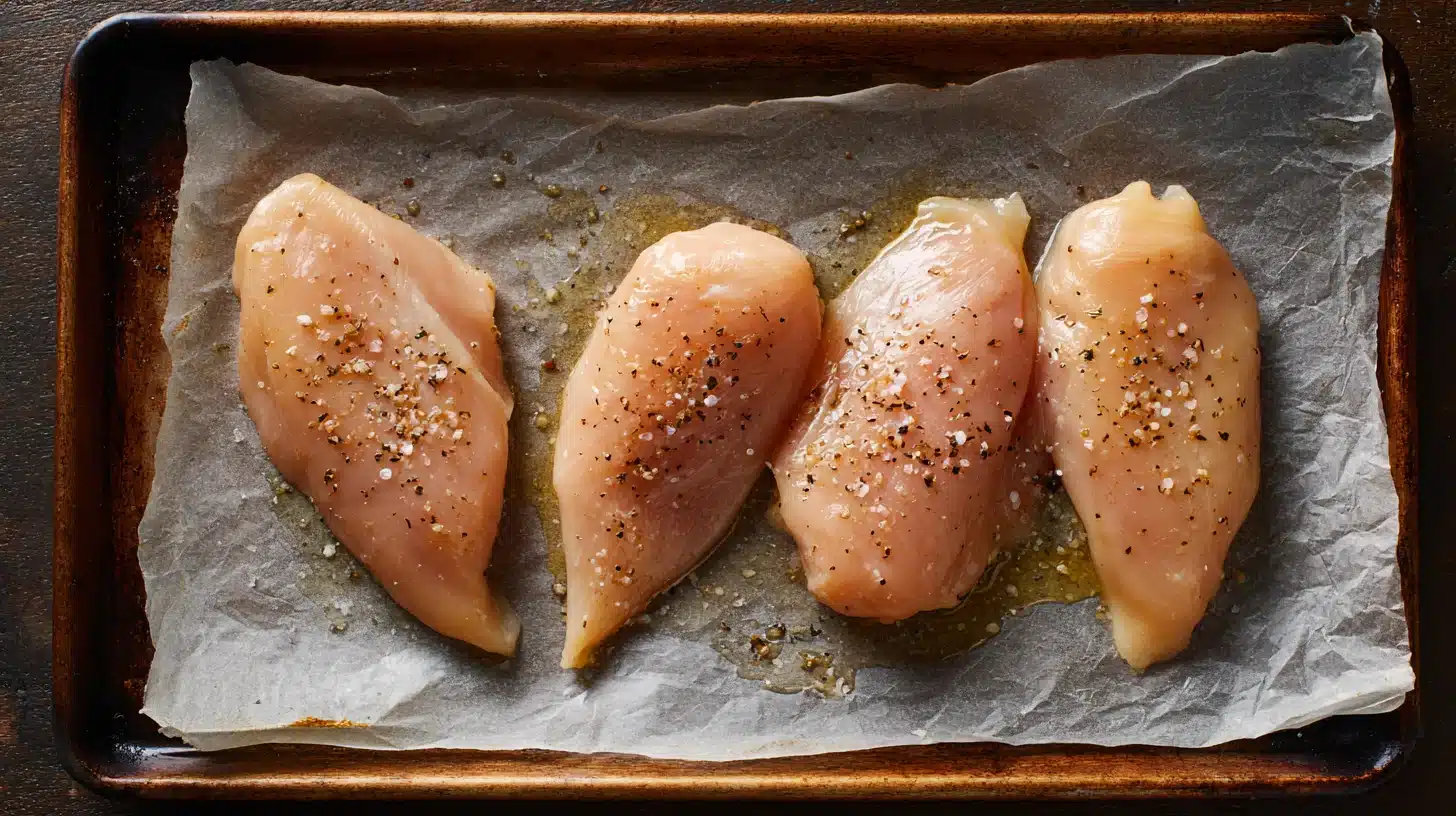 Chicken on lined baking sheet Chicken breasts arranged on baking sheet for parmesan crusted recipe