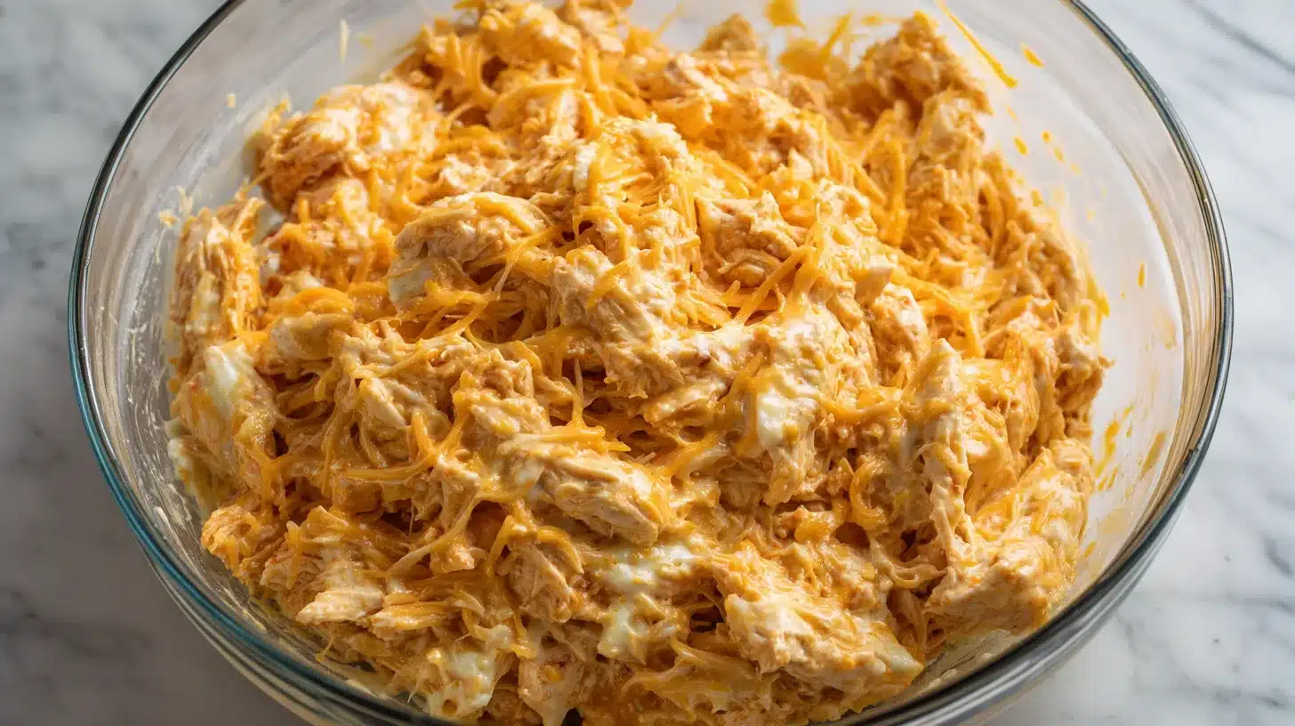 Folding in shredded chicken Adding chicken to buffalo chicken dip healthy