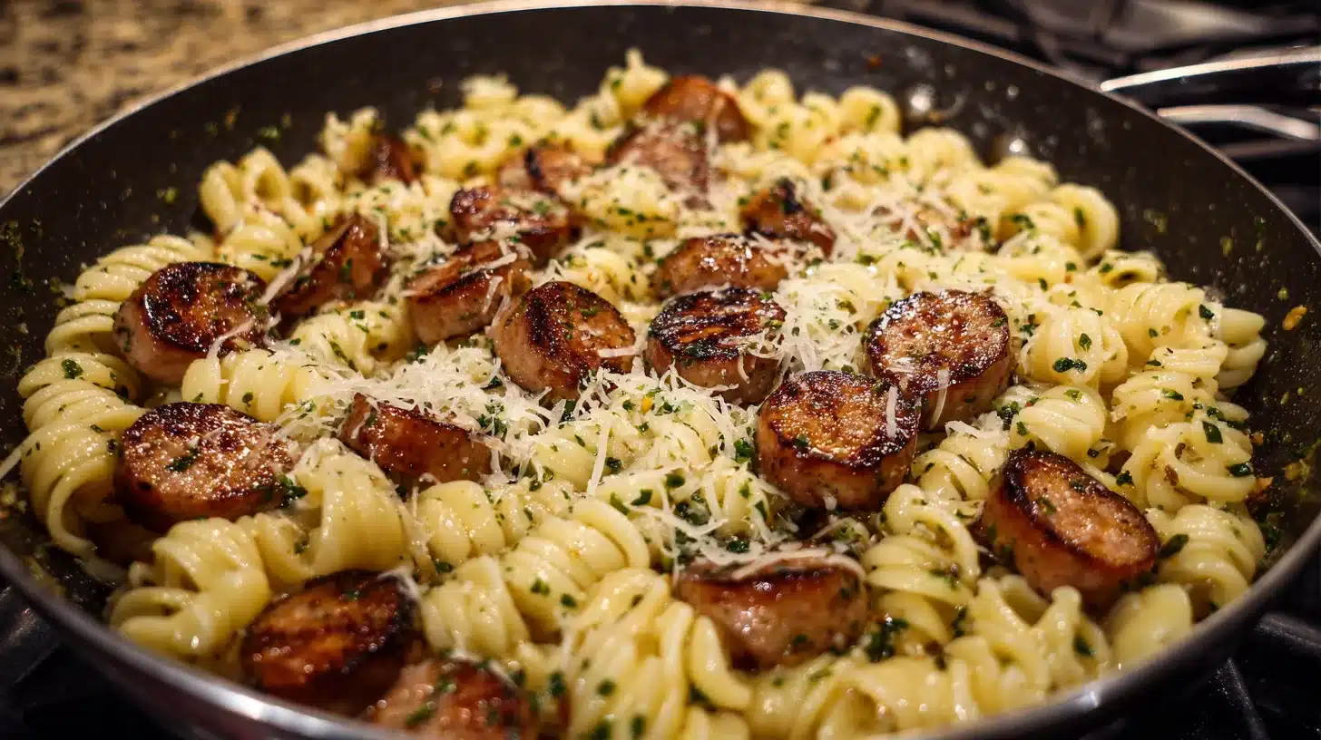 Sautéing chicken sausage and garlic Chicken sausage pasta sizzling in pan with garlic