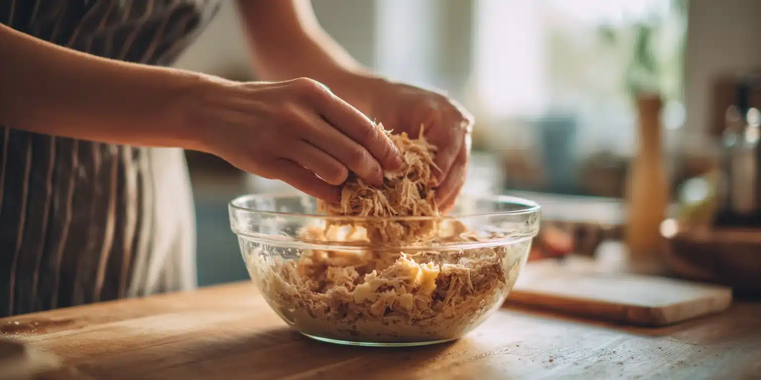 Mixing chicken and mozzarella into the dip Mixing chicken into healthy chicken wing dip recipe