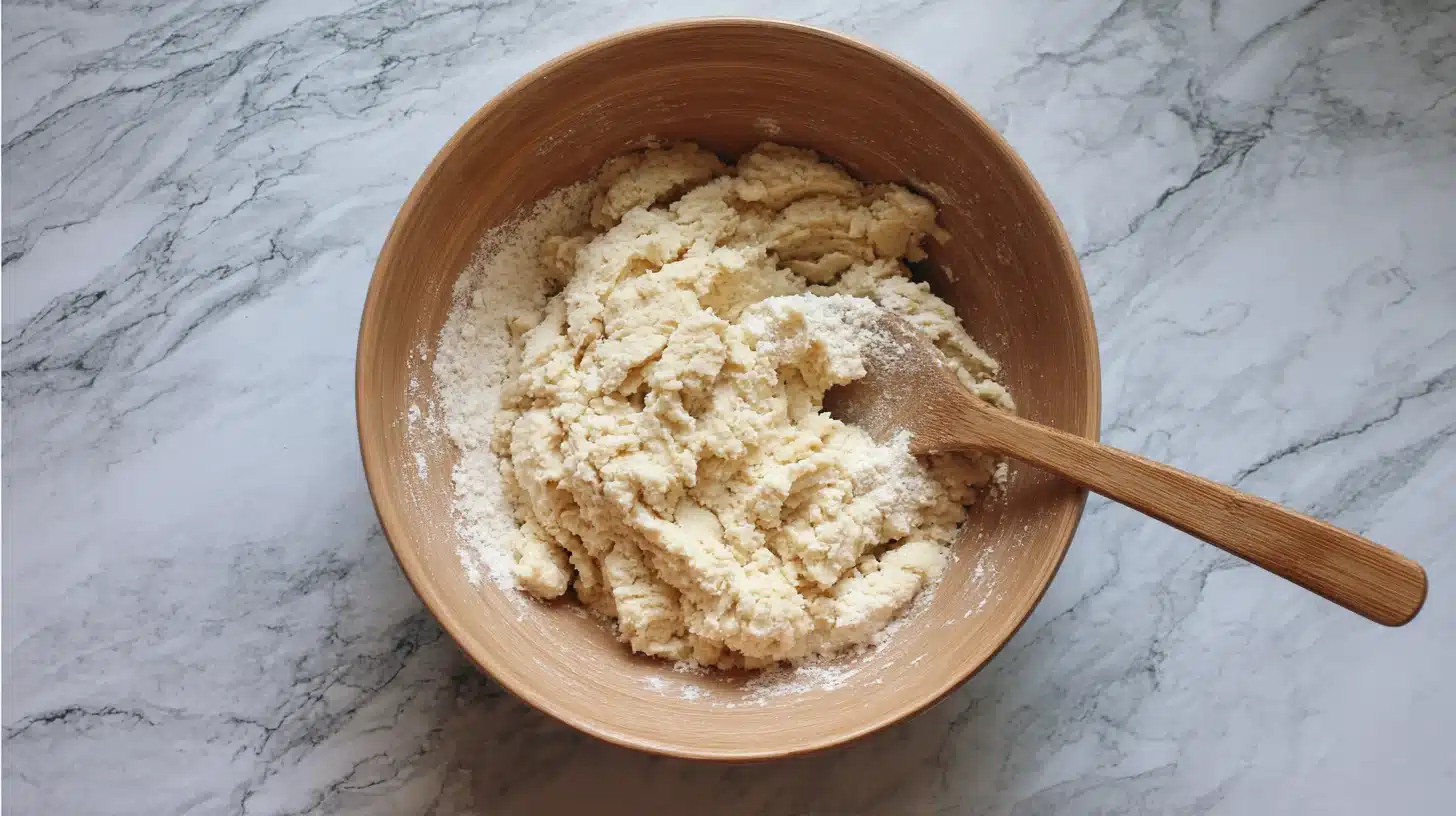 Mixing crust ingredients Mixing canned chicken pizza crust dough