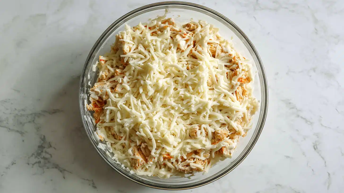 Stirring chicken and mozzarella into the base Adding chicken to buffalo chicken dip healthy recipe