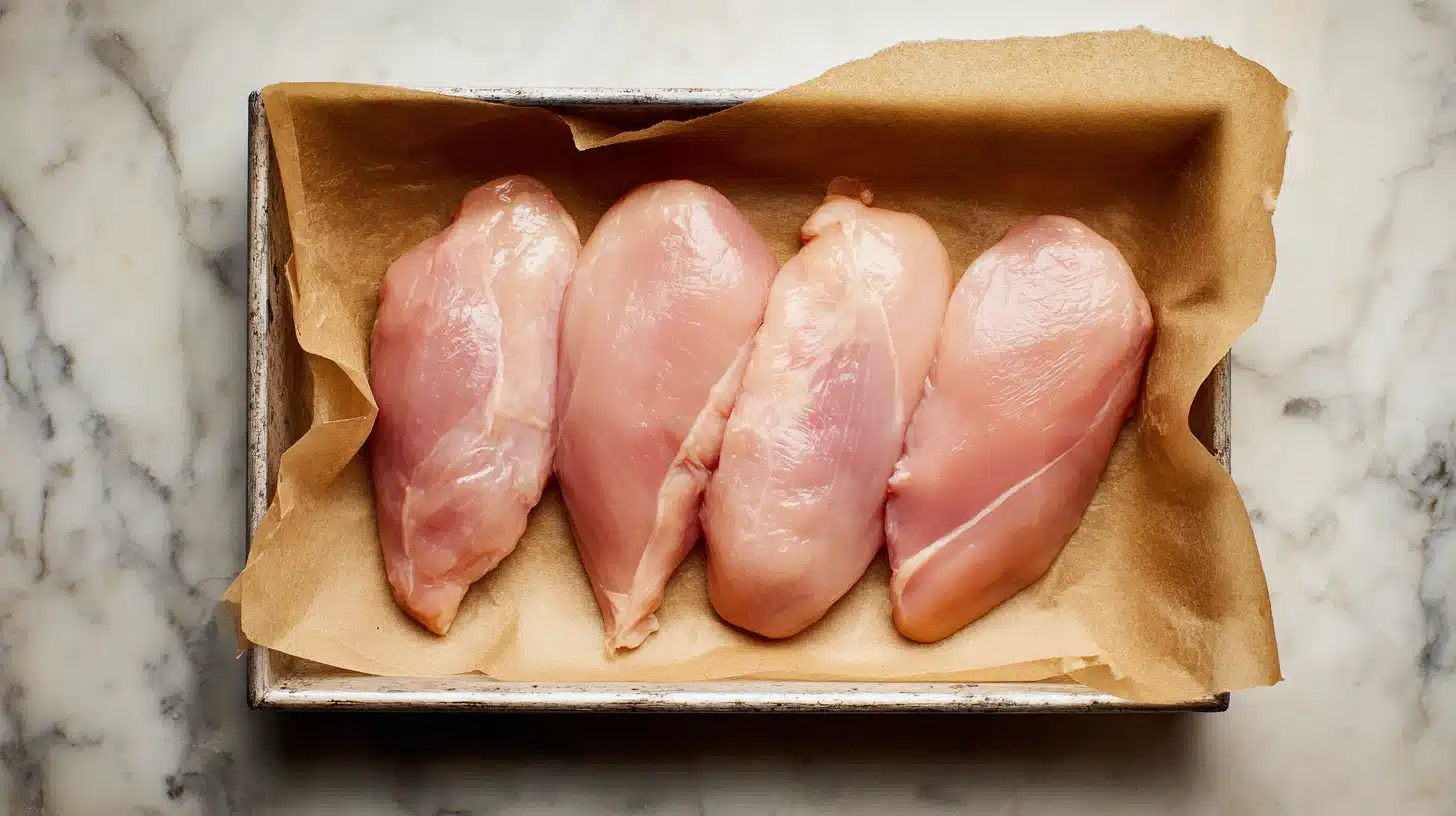 Laying chicken breasts on pan mayo parmesan crusted chicken setup