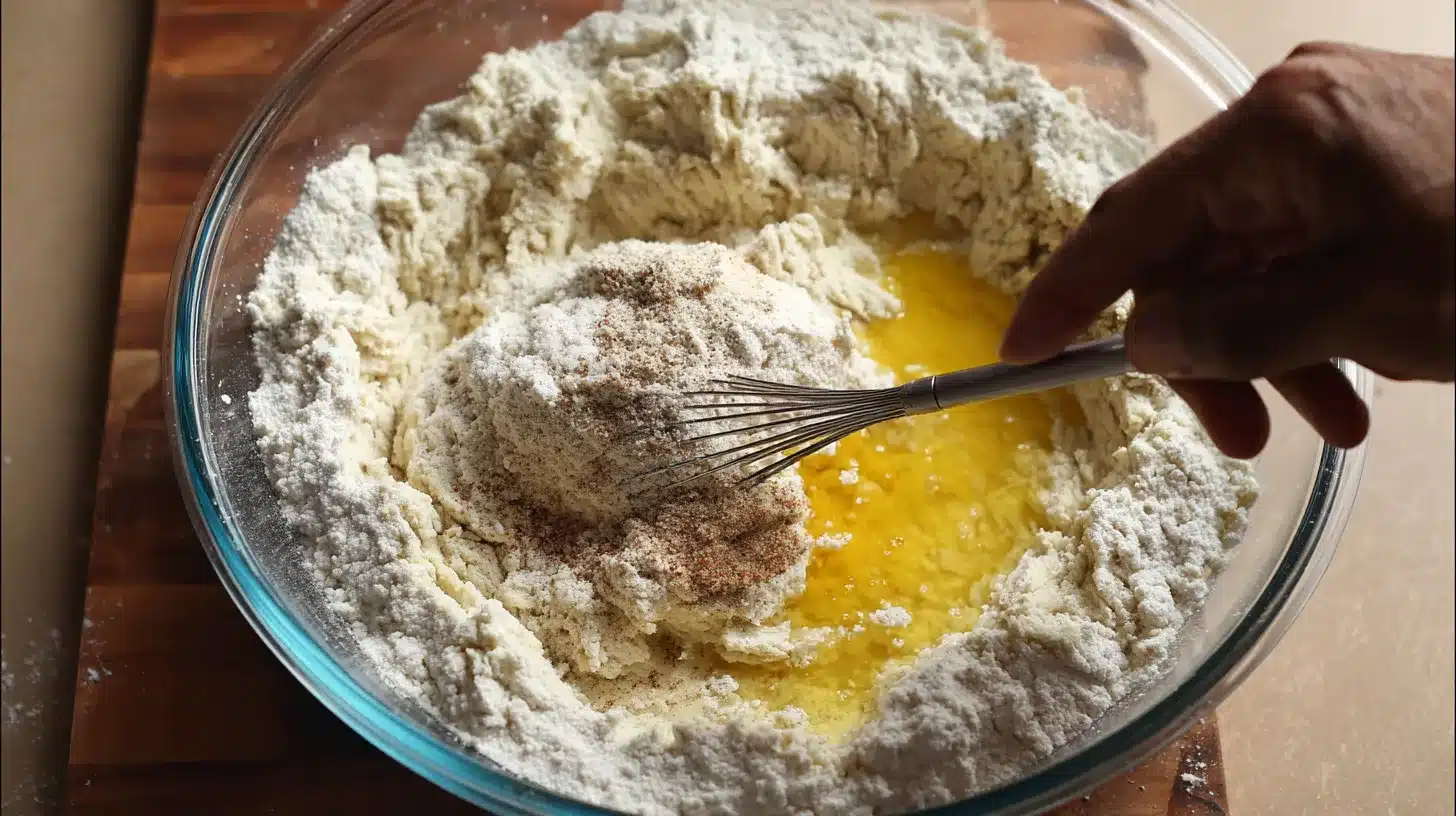 Mixing canned chicken, egg, and cheese Stirring ingredients for pizza crust made with canned chicken