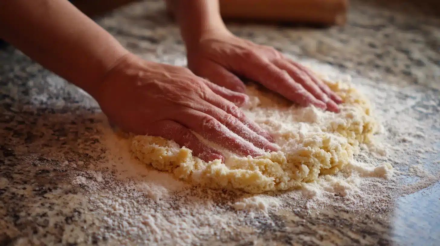 Shaping chicken mixture into crust Pressing ground chicken pizza crust into shape
