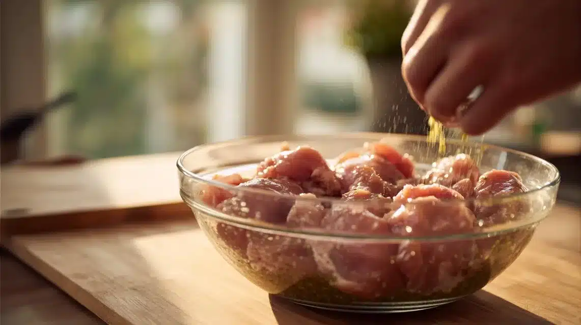 Coating chicken thighs in marinade Boneless chicken thighs being coated for grilling