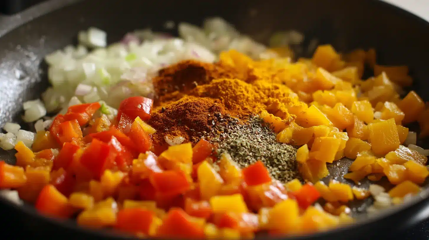 Adding spices to base Spices for Peruvian chicken stew being stirred
