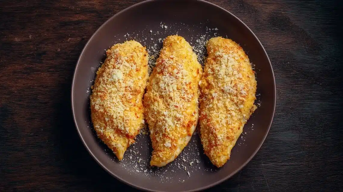 Breading chicken with parmesan mixture Coating chicken for parmesan crusted chicken with creamy garlic sauce