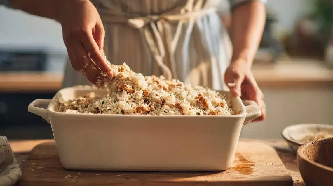 Transferring mix to casserole dish Spreading Mexican chicken and rice bake into dish