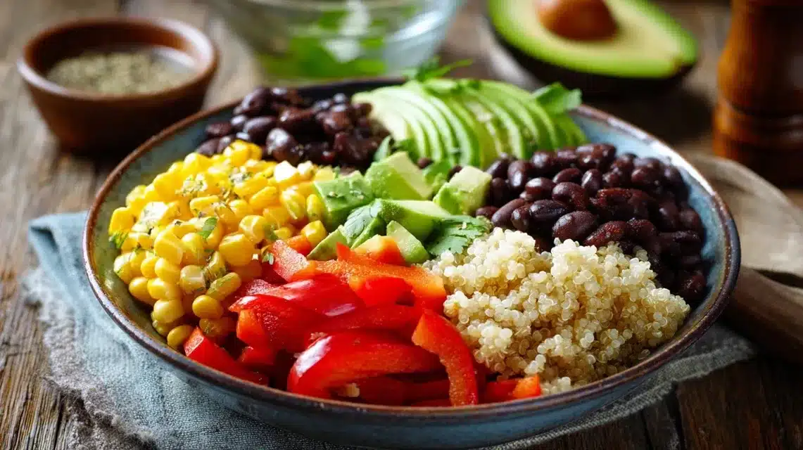 Layering rice and veggies in a bowl Assembling honey BBQ chicken bowls with grains and veggies
