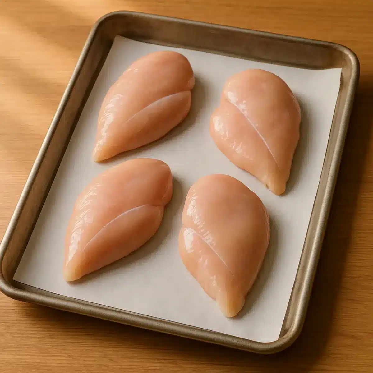 Laying chicken breasts on parchment Chicken ready for topping in parmesan crusted chicken recipe Hellmann's