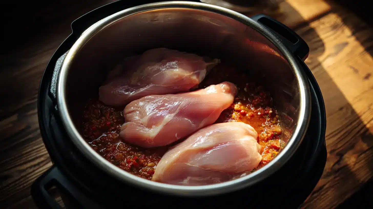 3Layering chicken over chili base Chicken breasts on top of Instant Pot chili mixture