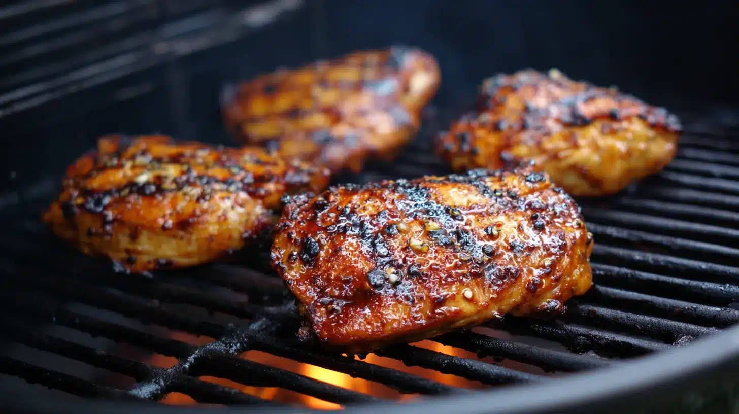 4 Grilling marinated chicken thighs Panda Express Quick Grilled Teriyaki Chicken cooking on grill pan