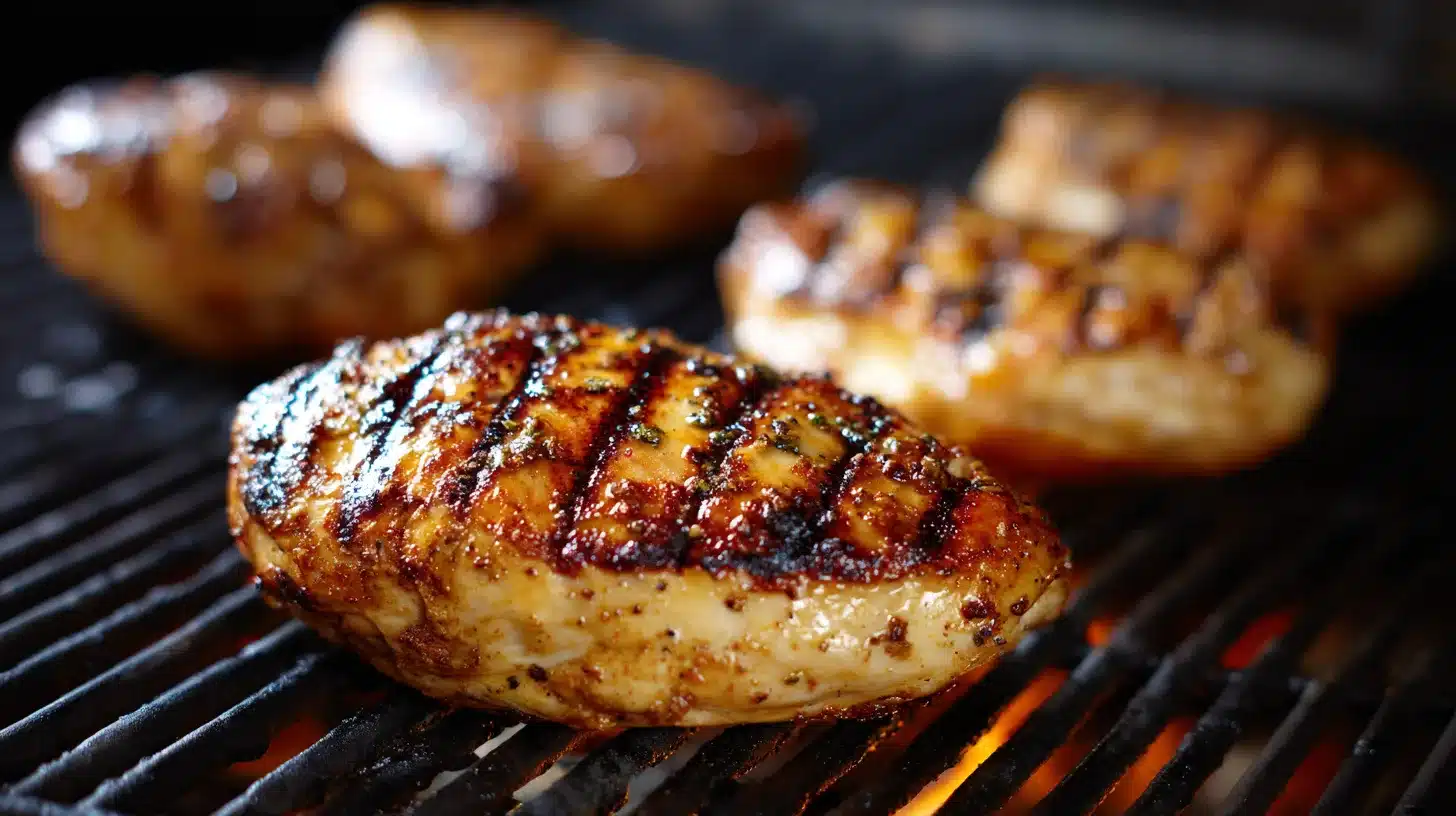 4 Grilling teriyaki chicken Teriyaki chicken on grill grates, mid-cook
