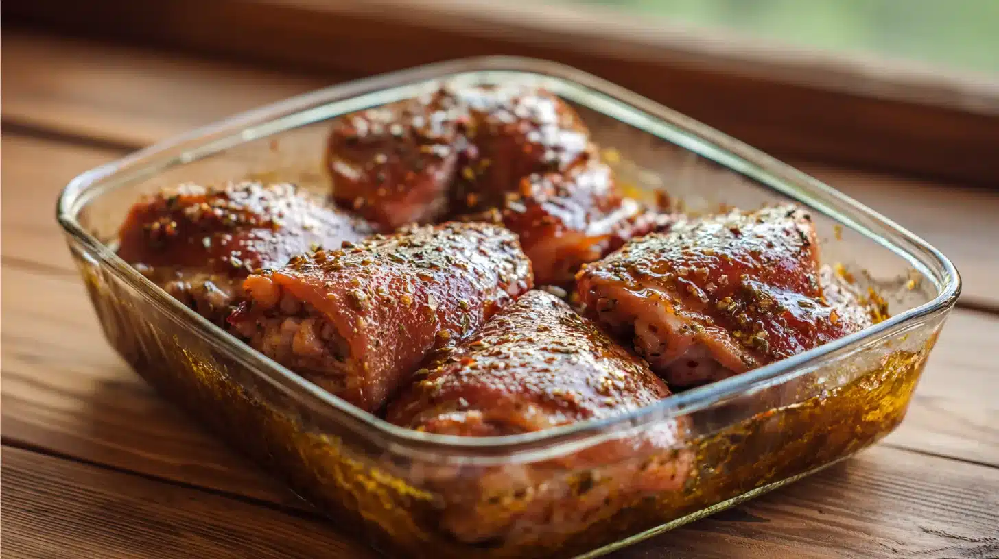 Marinating chicken thighs in teriyaki sauce Chicken thighs marinating for grilled teriyaki chicken thighs