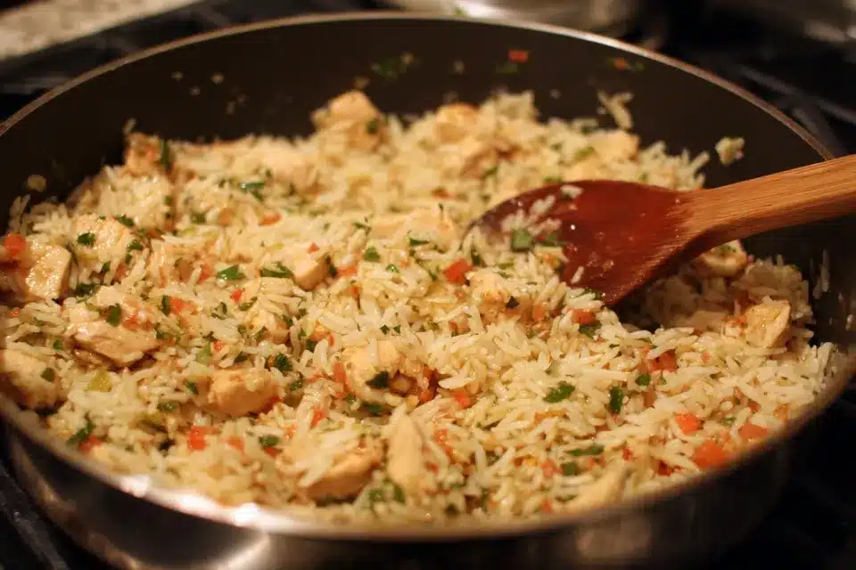Stirring in minced garlic Garlic adds depth to Cajun Chicken and Rice