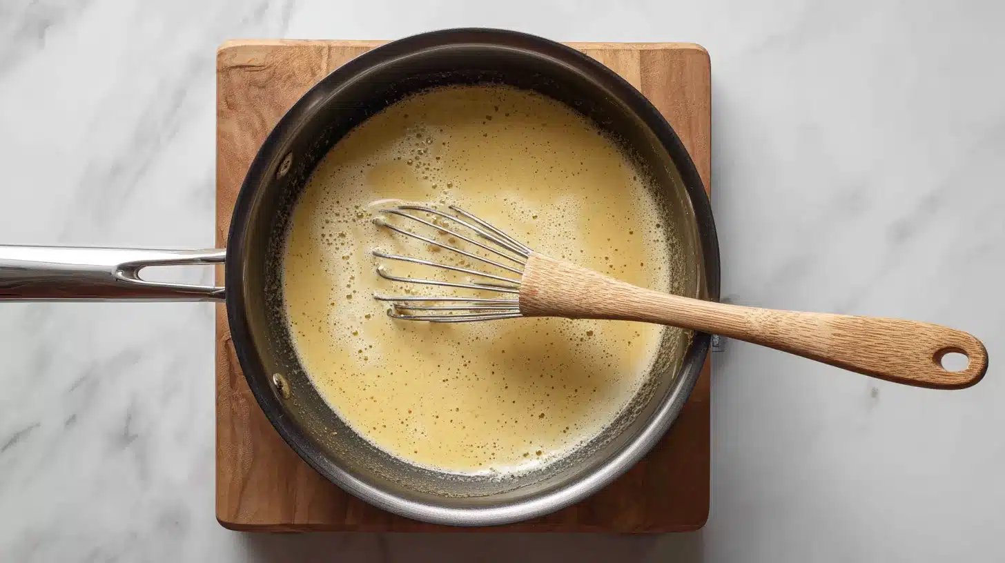 Pouring milk and broth into skillet Adding liquid to pan for chicken alfredo orzo