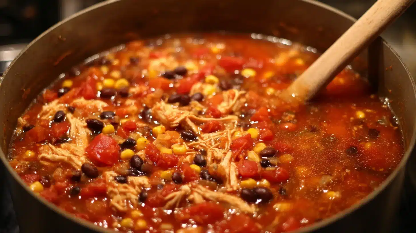 Adding beans, corn, and tomatoes to soup base Spicy chipotle chicken soup comes together with pantry staples