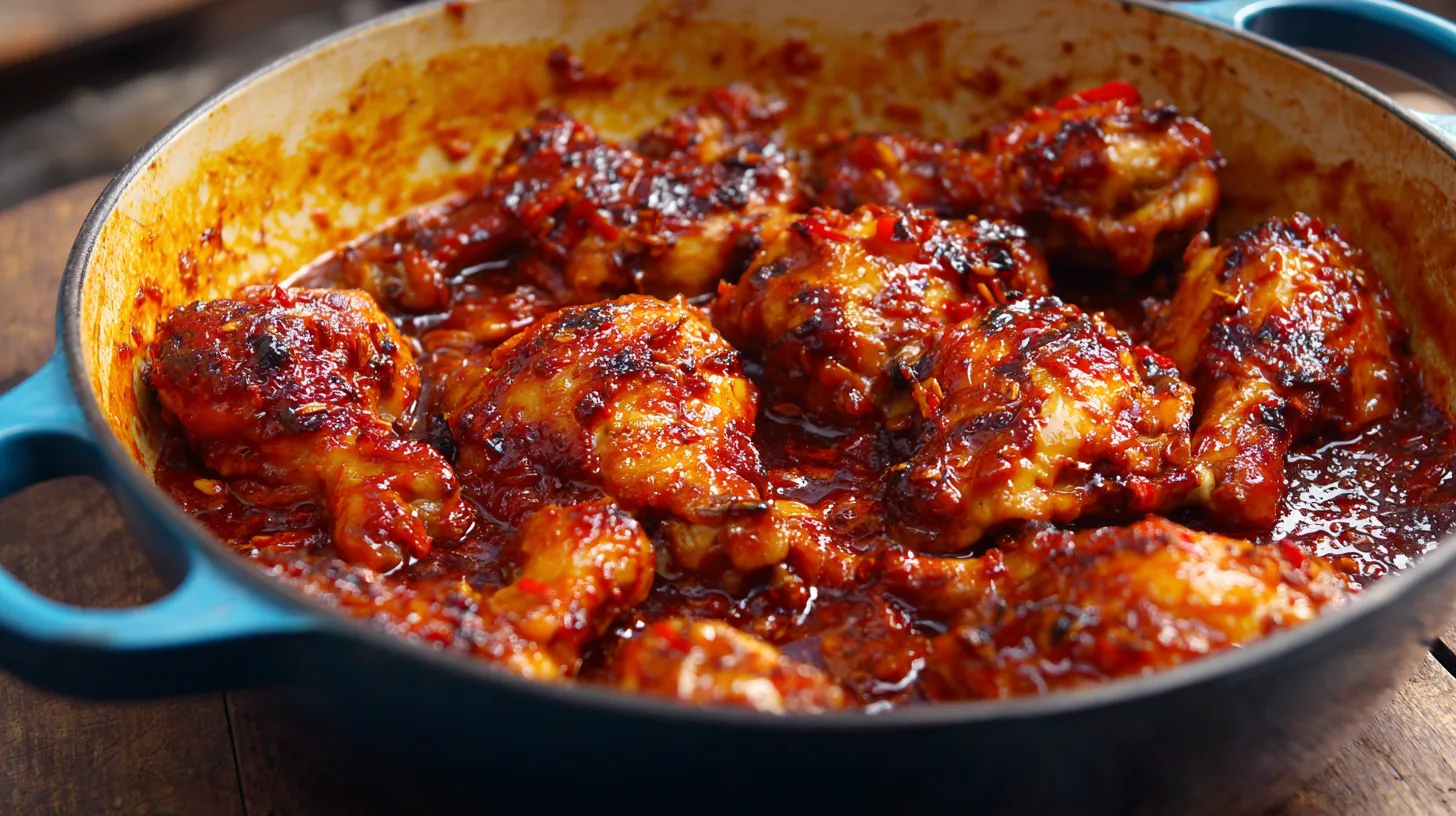 Chicken simmering in BBQ pineapple sauce Simmering Hawaiian BBQ chicken recipe in skillet