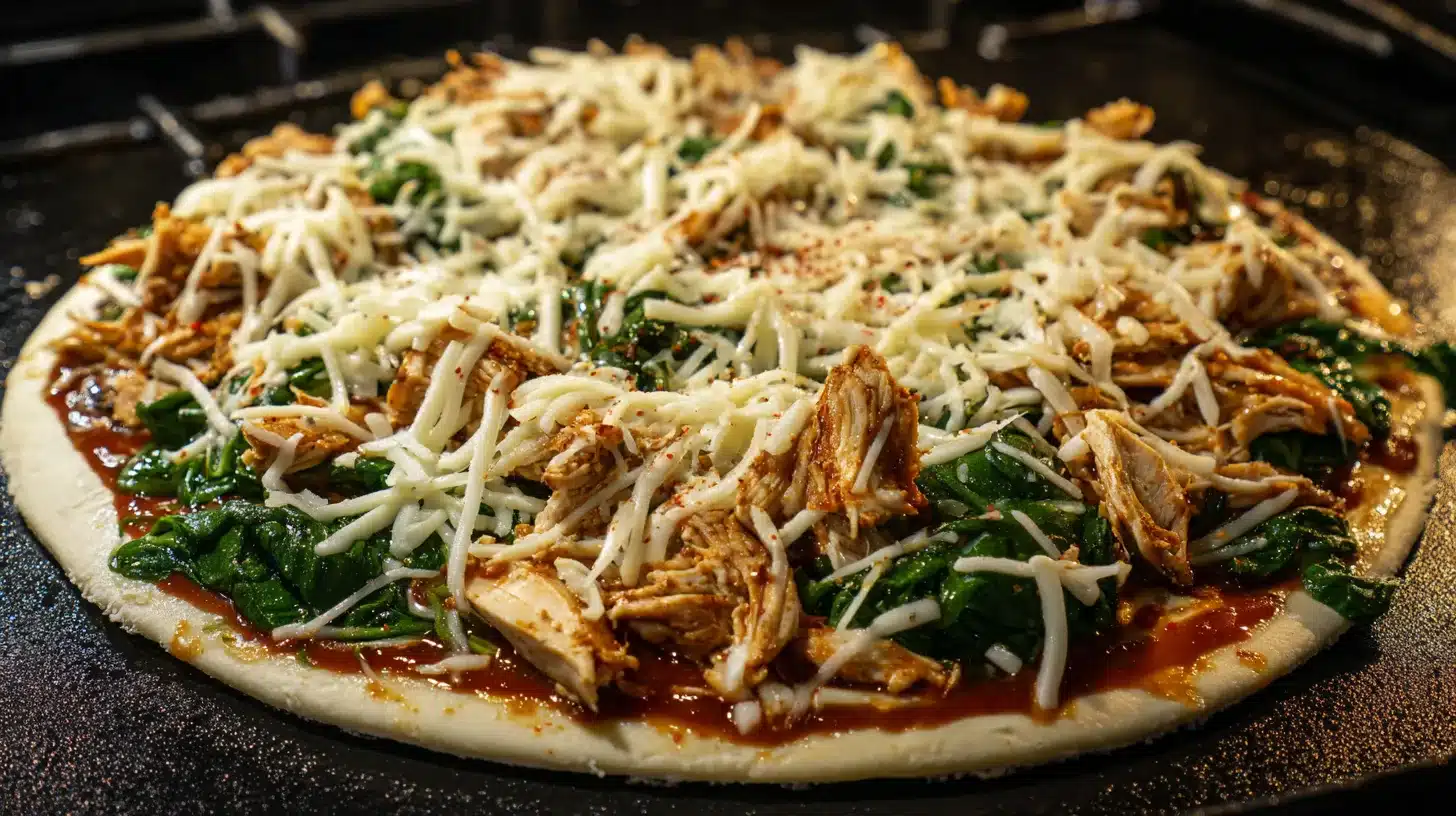 Topping pizza with chicken and spinach Topping chicken florentine pizza before baking