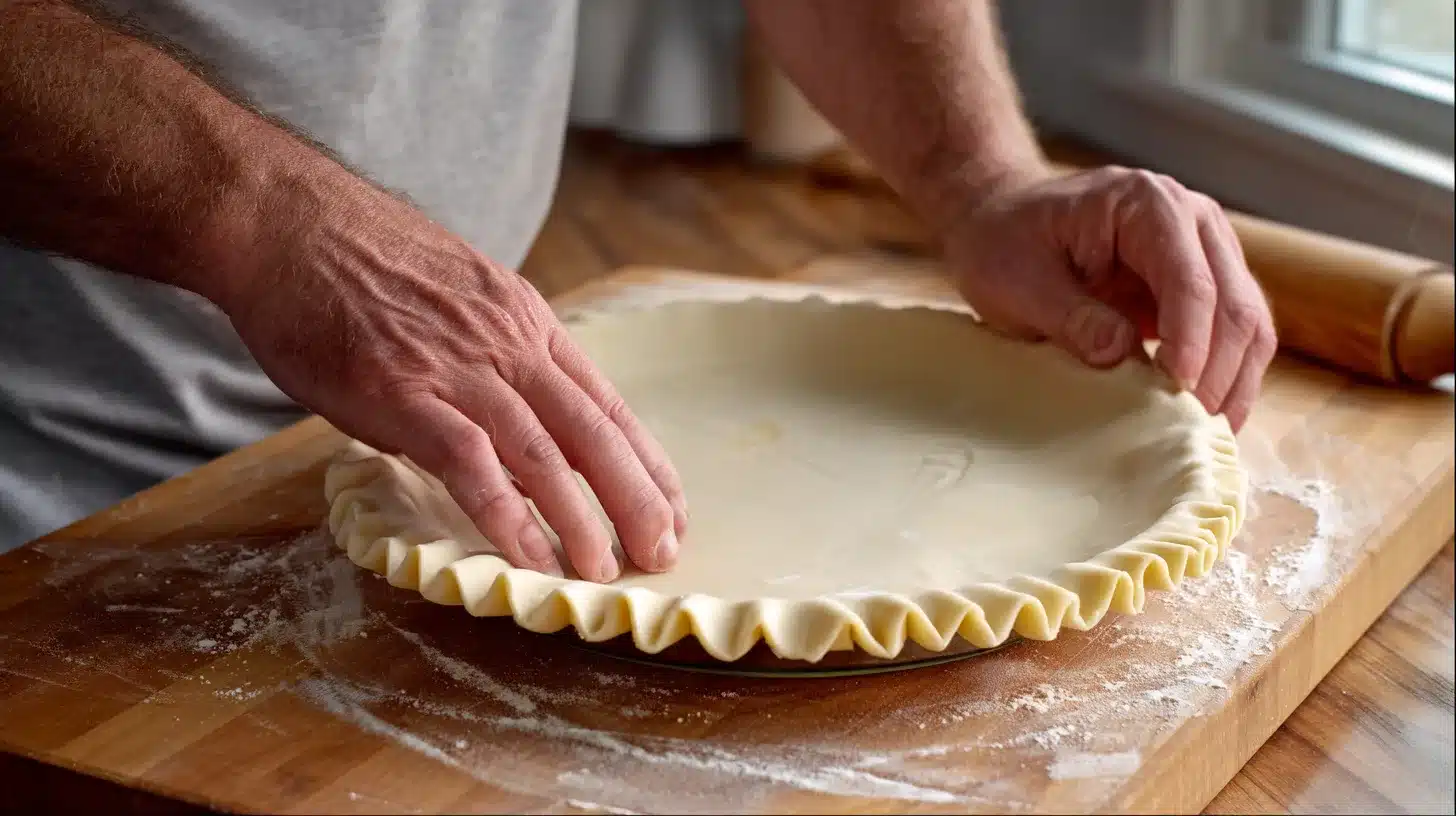 Sealing the pie crust over filling Crimping crust on chicken pot pie with cream of chicken soup