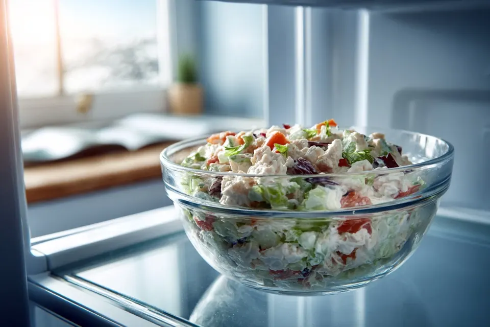 Chilling the salad in the fridge chicken salad with cottage cheese chilling in refrigerator