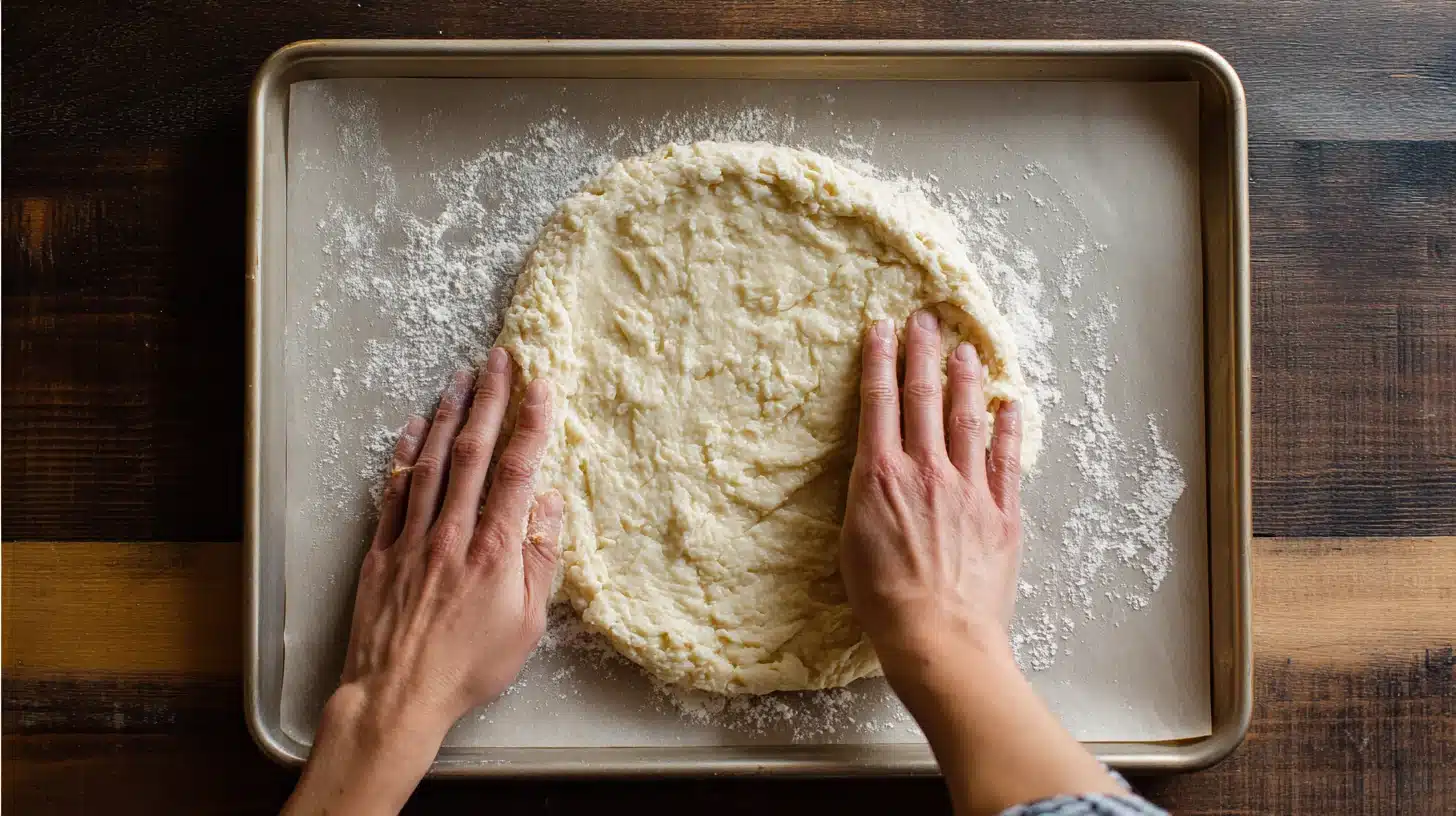 Pressing crust onto baking sheet Shaping canned chicken pizza crust on tray
