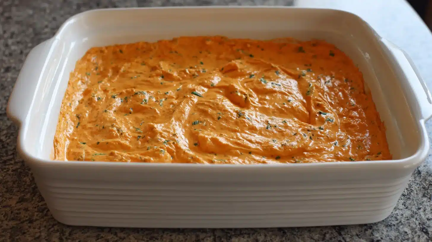 Pouring buffalo dip into baking dish Smoothing buffalo chicken dip healthy recipe into pan