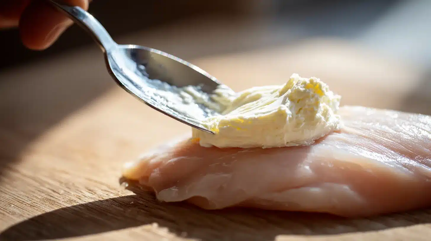 Spreading mayo mixture on chicken mayo parmesan crusted chicken topping application
