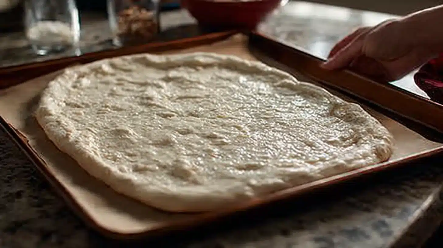 Pressing crust into shape on parchment Shaping the pizza crust made with canned chicken