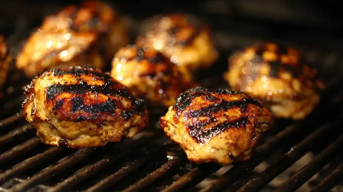 Chicken thighs cooking on the grill grates Grilled boneless chicken thighs cooking over flames