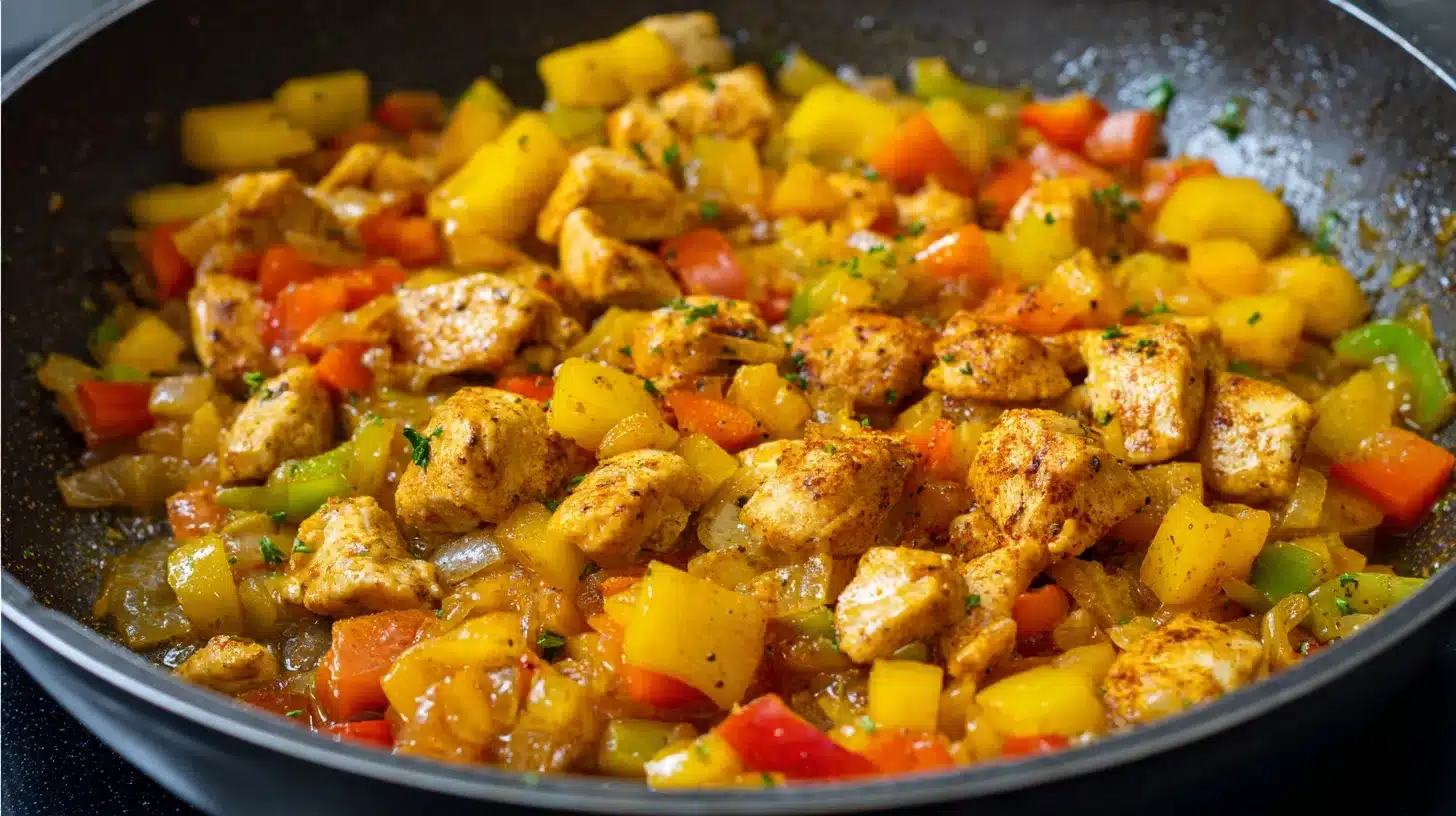 Browning chicken in spiced base Chicken simmering for Peruvian chicken stew