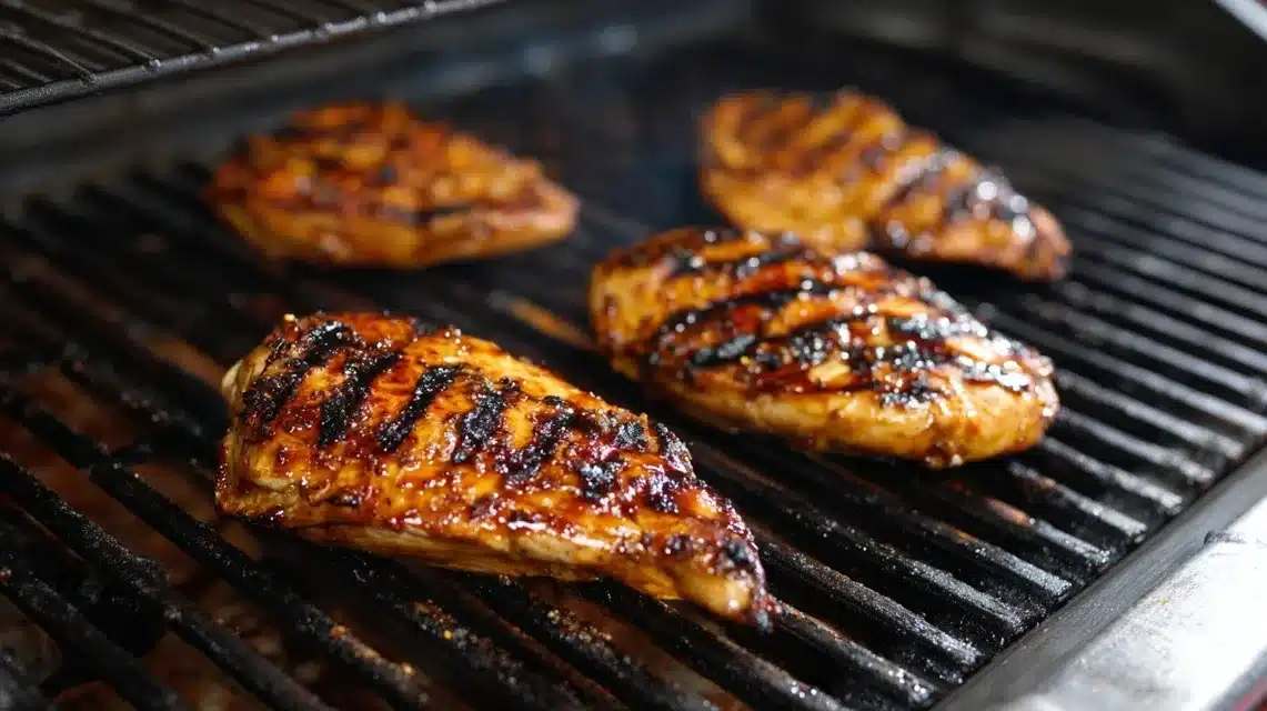 Chicken grilling on open flame Grilled teriyaki chicken cooking over open flame