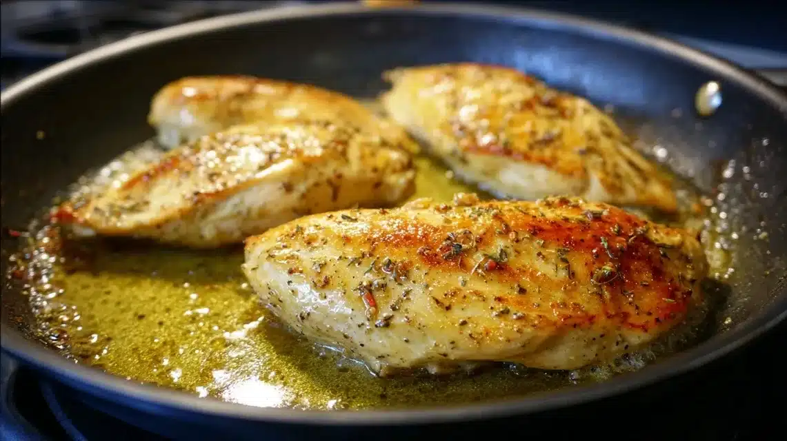 Cooking chicken until golden Golden crusted chicken frying in pan for parmesan crusted chicken with creamy garlic sauce